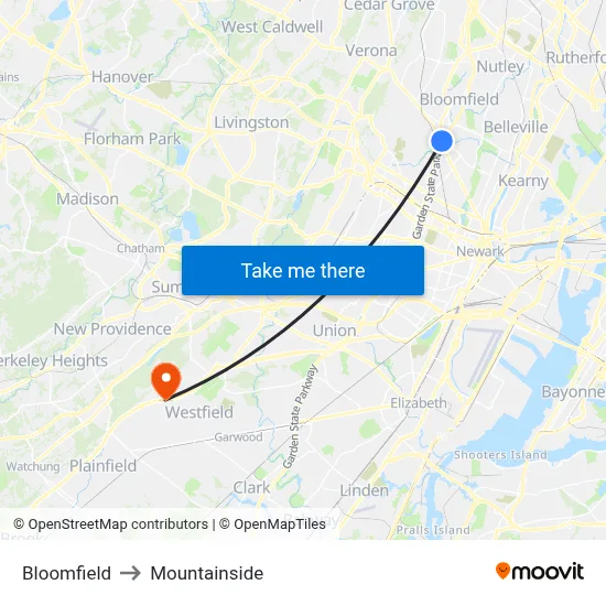 Bloomfield to Mountainside map