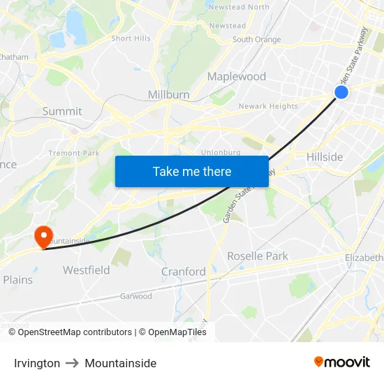 Irvington to Mountainside map