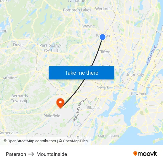 Paterson to Mountainside map