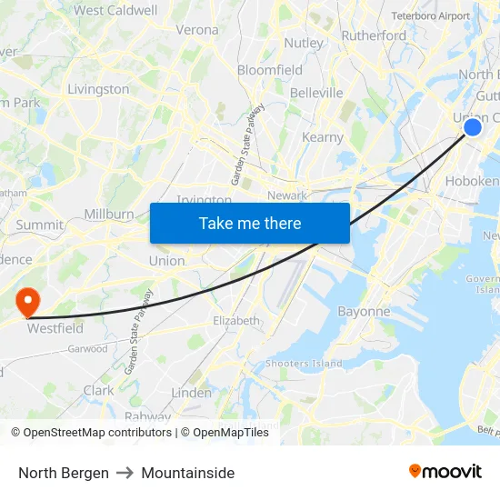 North Bergen to Mountainside map