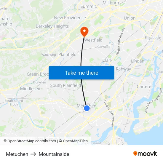 Metuchen to Mountainside map