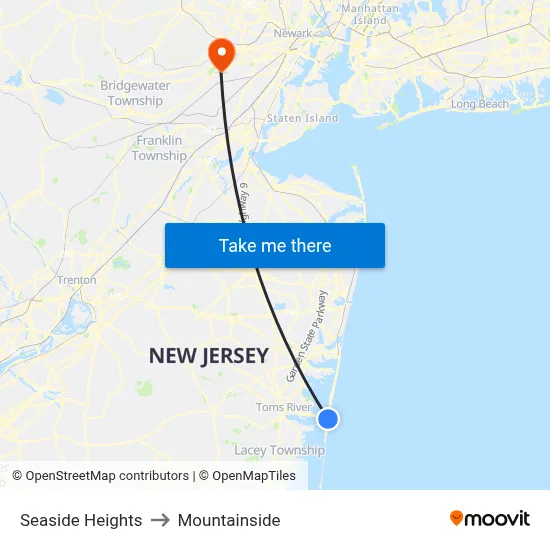 Seaside Heights to Mountainside map