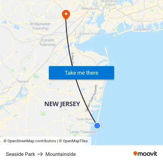 Seaside Park to Mountainside map