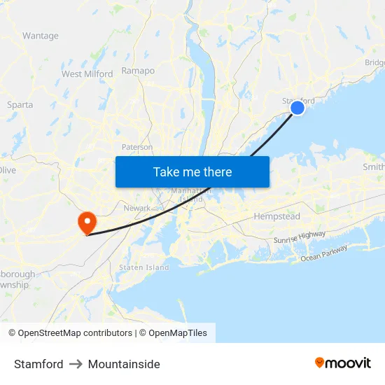 Stamford to Mountainside map