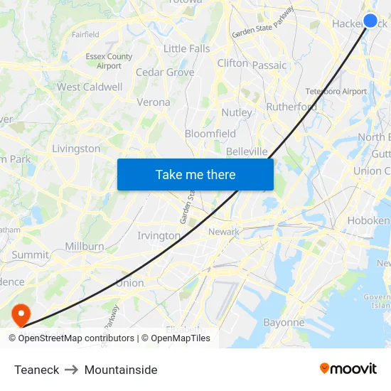 Teaneck to Mountainside map