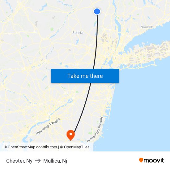 Chester, Ny to Mullica, Nj map