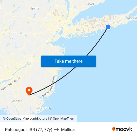 Patchogue LIRR (77, 77y) to Mullica map