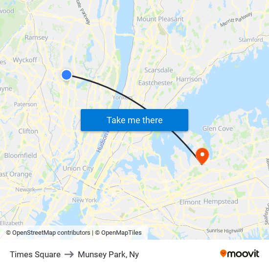 Times Square to Munsey Park, Ny map