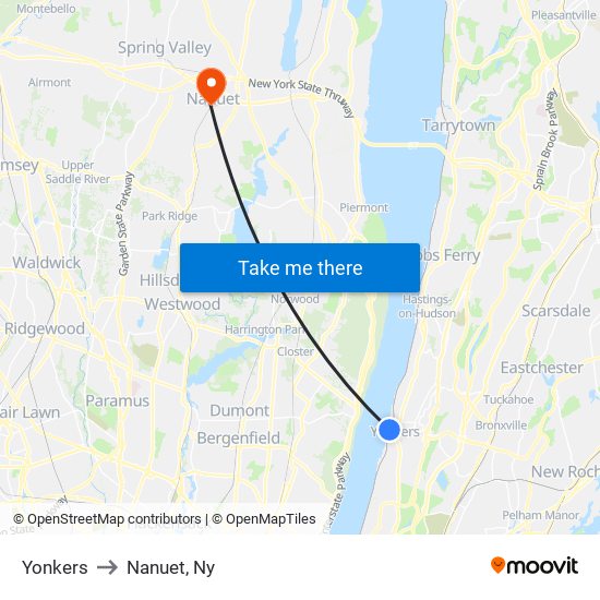 Yonkers to Nanuet, Ny map