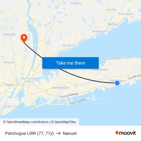 Patchogue LIRR (77, 77y) to Nanuet map