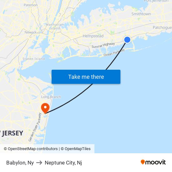 Babylon, Ny to Neptune City, Nj map