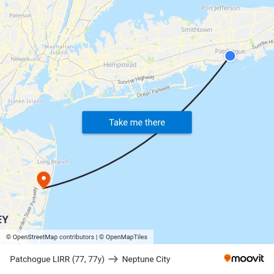 Patchogue LIRR (77, 77y) to Neptune City map