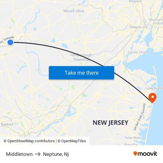 Middletown to Neptune, Nj map