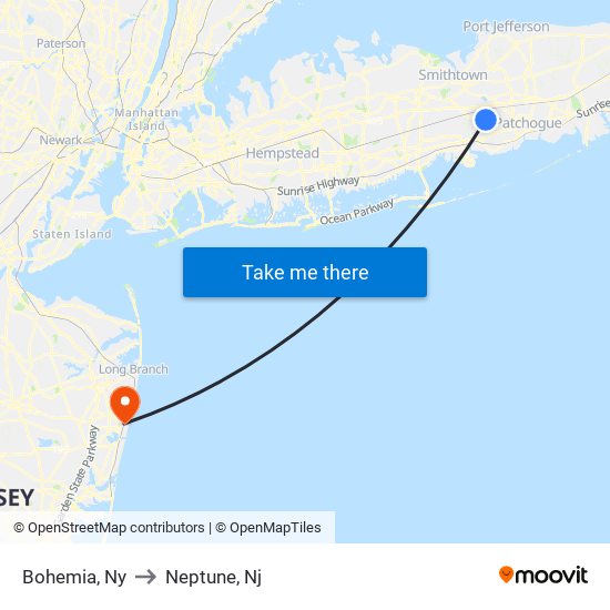 Bohemia, Ny to Neptune, Nj map