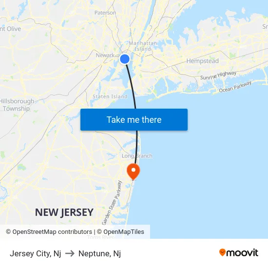 Jersey City to Neptune, Nj map