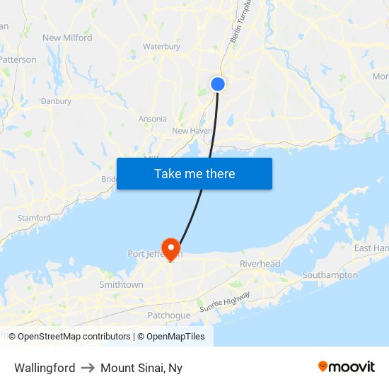 Wallingford to Mount Sinai, Ny map