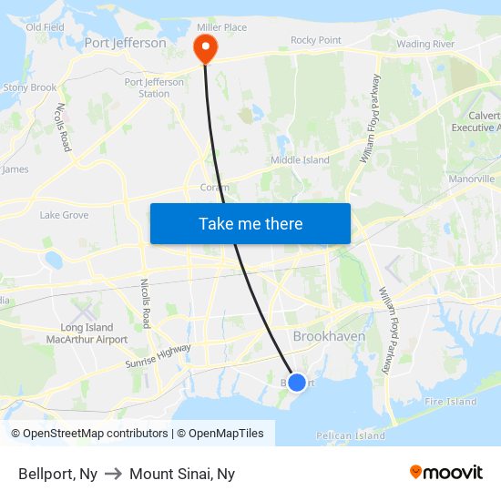 Bellport, Ny to Mount Sinai, Ny map