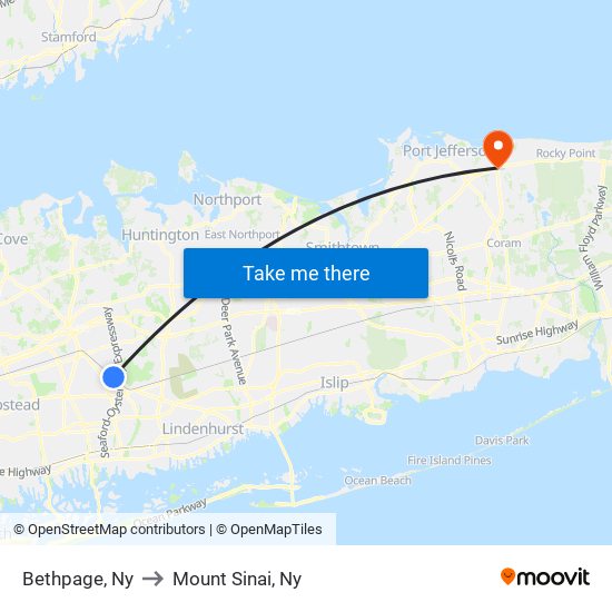 Bethpage, Ny to Mount Sinai, Ny map