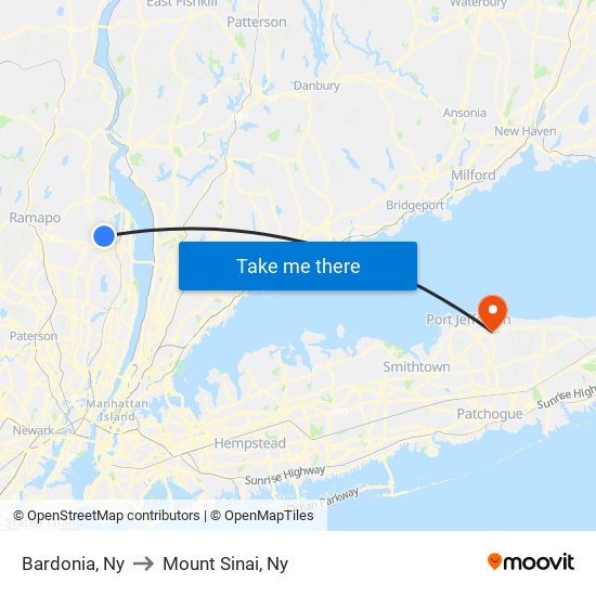 Bardonia, Ny to Mount Sinai, Ny map