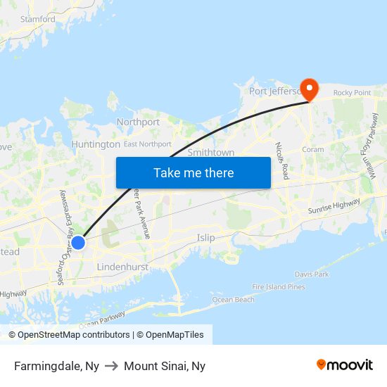 Farmingdale, Ny to Mount Sinai, Ny map