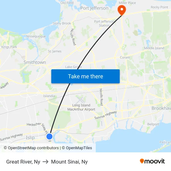 Great River to Mount Sinai, Ny map