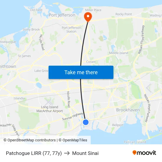 Patchogue LIRR (77, 77y) to Mount Sinai map
