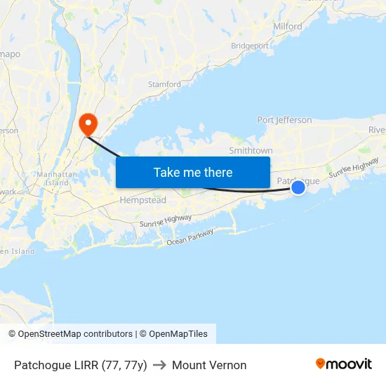 Patchogue LIRR (77, 77y) to Mount Vernon map