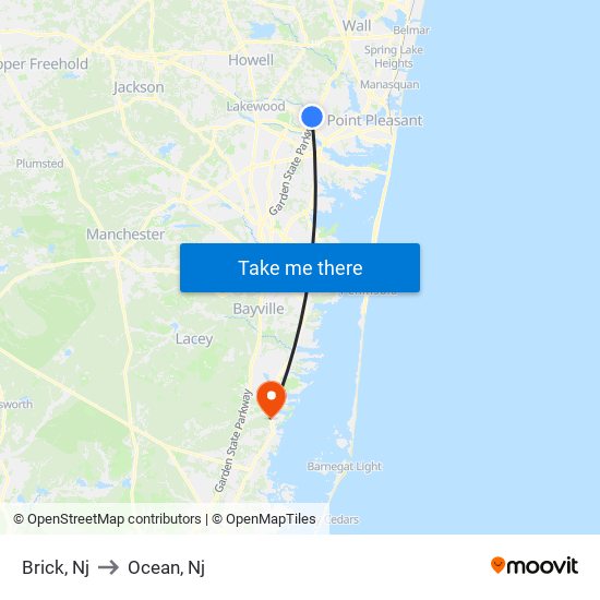 Brick, Nj to Ocean, Nj map