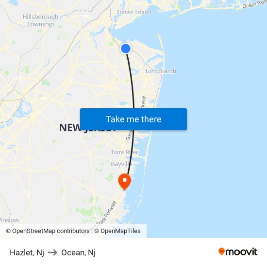 Hazlet, Nj to Ocean, Nj map