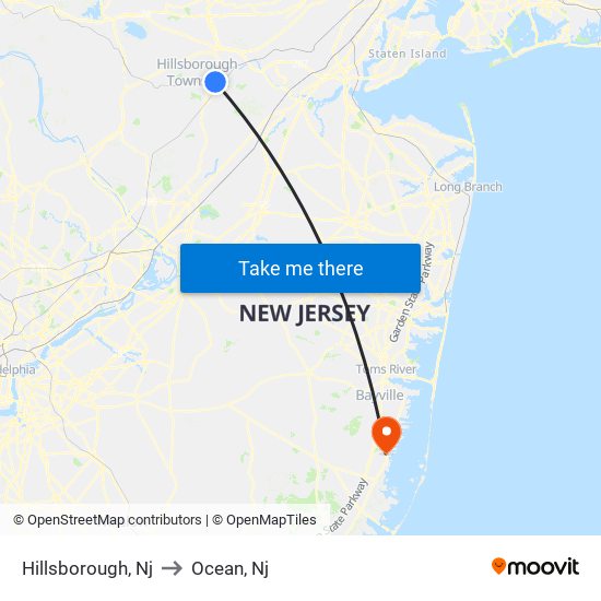 Hillsborough, Nj to Ocean, Nj map