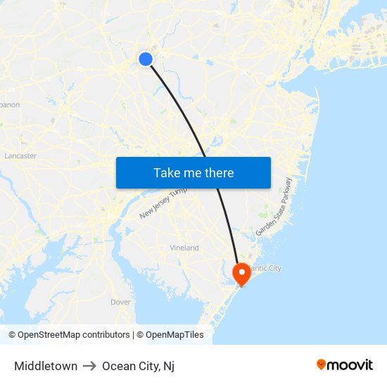 Middletown to Ocean City, Nj map