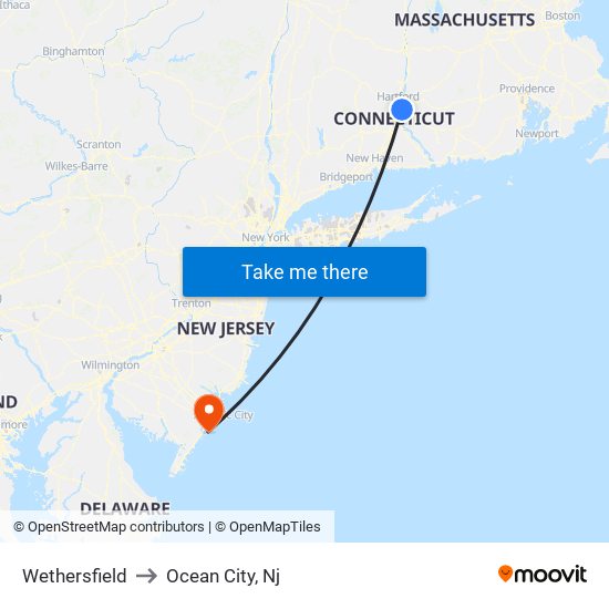 Wethersfield to Ocean City, Nj map