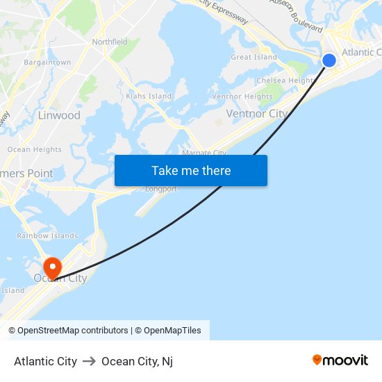Atlantic City to Ocean City, Nj map