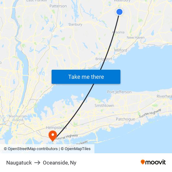 Naugatuck to Oceanside, Ny map