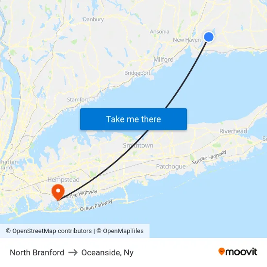 North Branford to Oceanside, Ny map