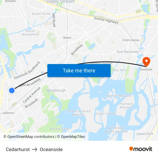 Cedarhurst to Oceanside map