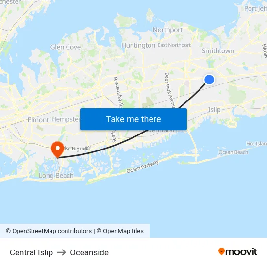 Central Islip to Oceanside map