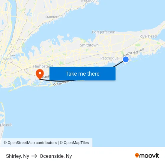 Shirley to Oceanside, Ny map