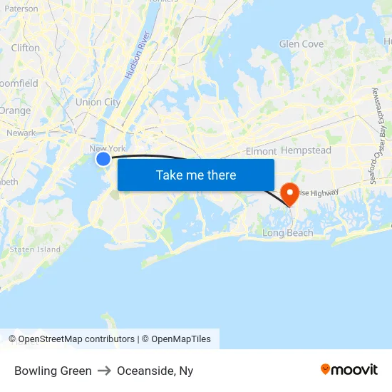 Bowling Green to Oceanside, Ny map