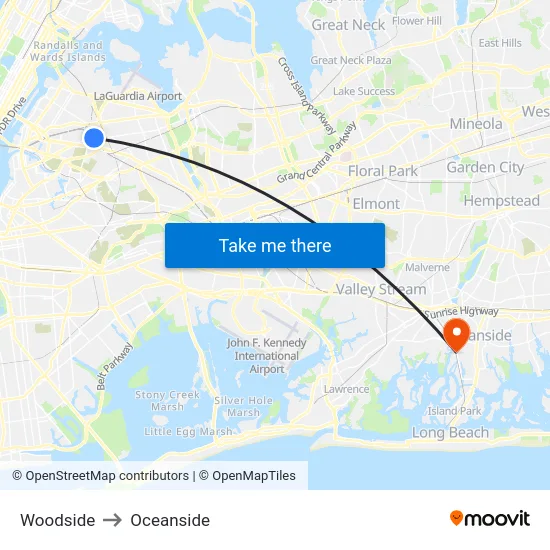 Woodside to Oceanside map