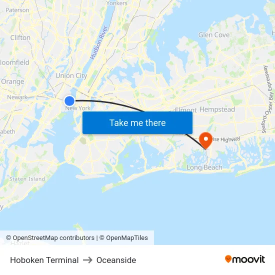 Hoboken Terminal to Oceanside map