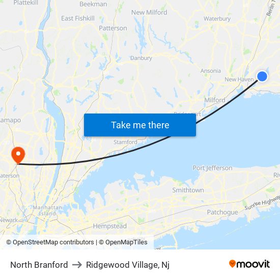 North Branford to Ridgewood Village, Nj map