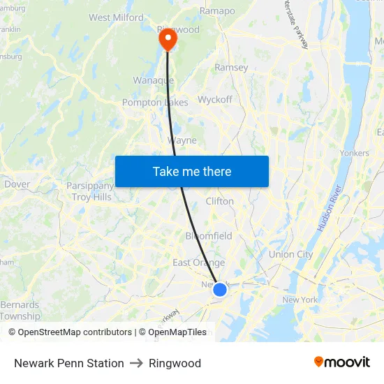 Newark Penn Station to Ringwood map