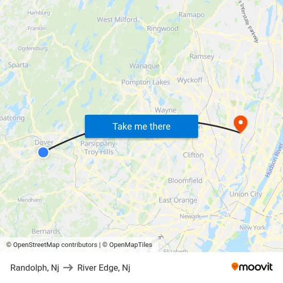 Randolph to River Edge, Nj map