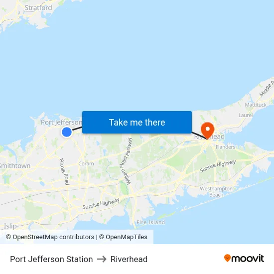 Port Jefferson Station to Riverhead map