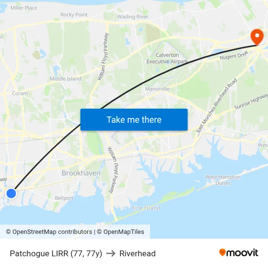 Patchogue LIRR (77, 77y) to Riverhead map