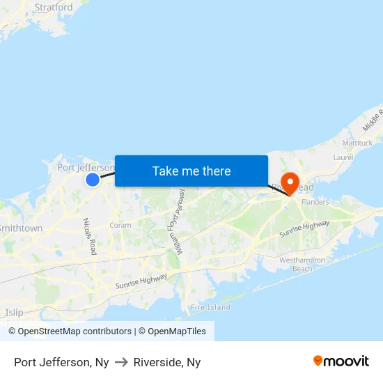 Port Jefferson to Riverside, Ny map