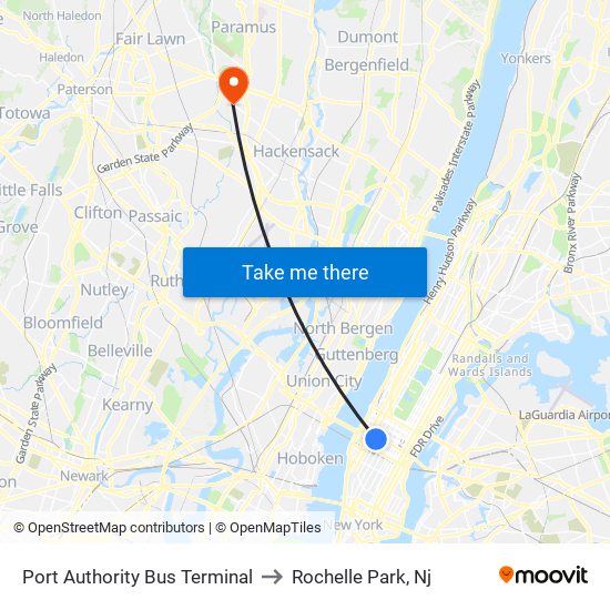Port Authority Bus Terminal to Rochelle Park, Nj map