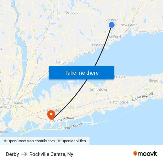 Derby to Rockville Centre, Ny map