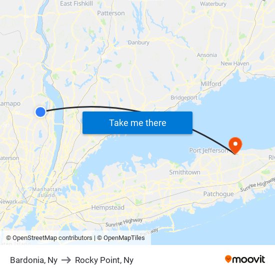 Bardonia, Ny to Rocky Point, Ny map